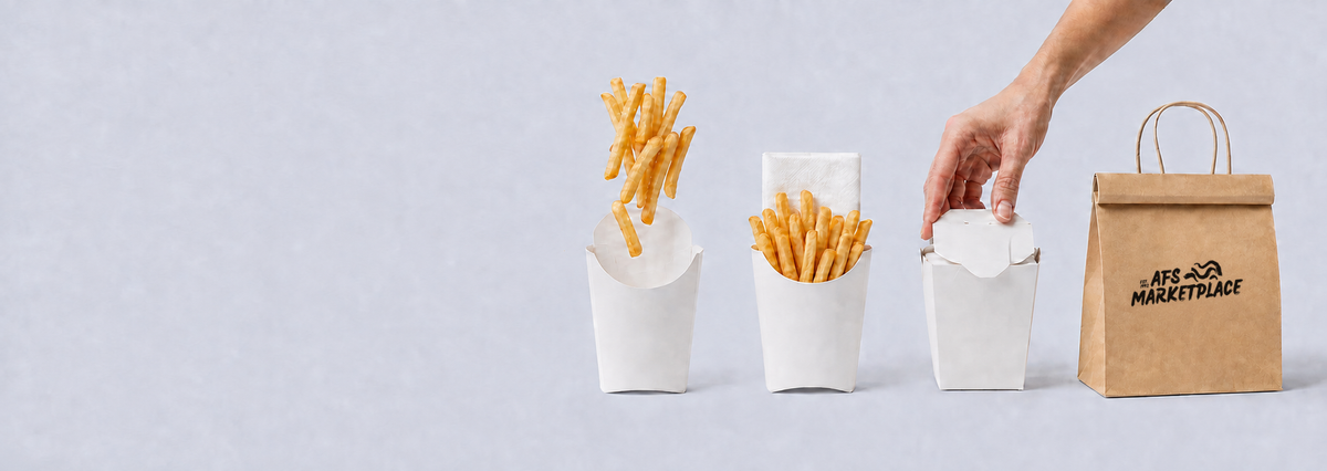Photorealistic food service packaging sequence with fries, takeout cartons, and a closed kraft delivery bag displaying the supplied AFS Marketplace logo