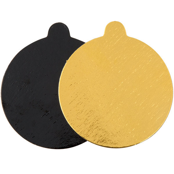 Enjay - 4" Black and Gold Reversible Round Single Serve Dessert Board with Tab - Case of 500