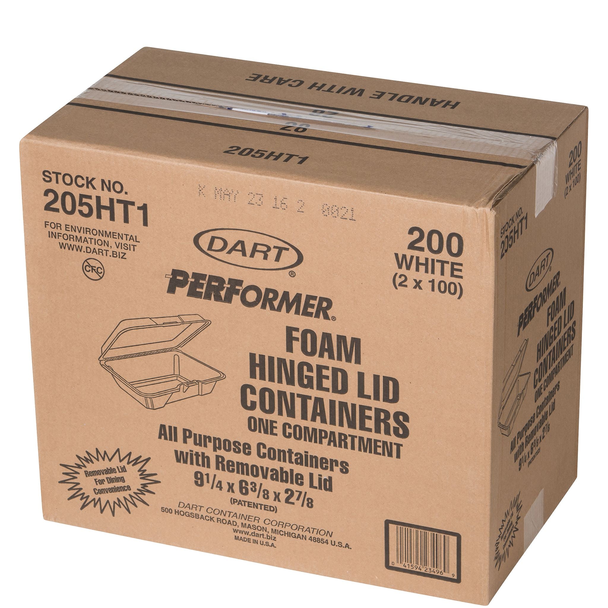 Dart 205HT1 - White Foam Take Out Container with Perforated Hinged Lid 9" x 6" x 3" - Case of 200