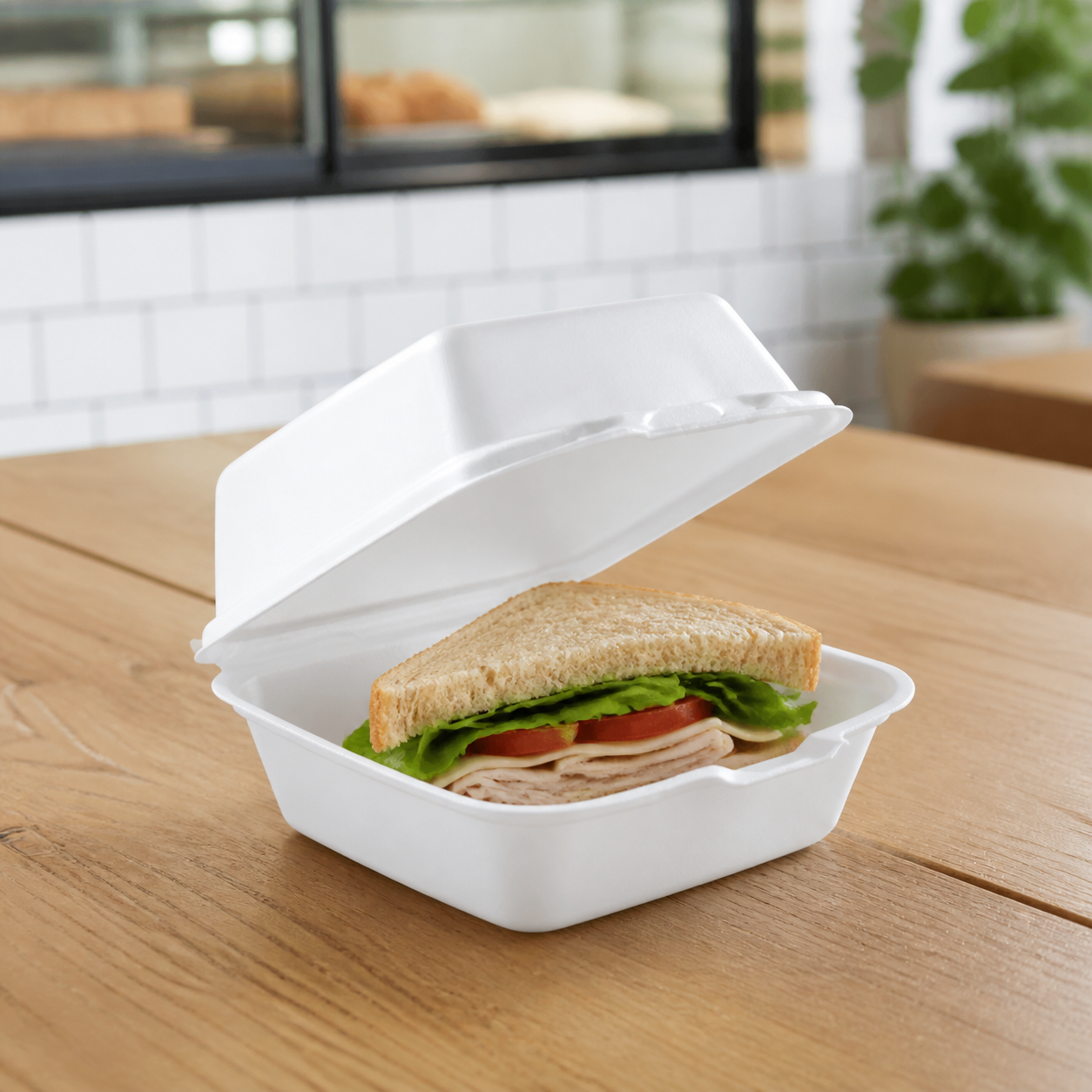 50HT1 white XPS foam sandwich container in a foodservice setting