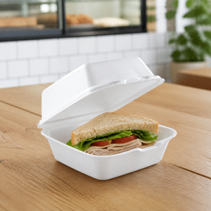 50HT1 white XPS foam sandwich container in a foodservice setting