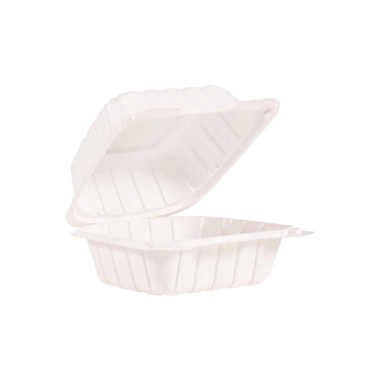 Dart 60MFPPHT1R white mineral-filled polypropylene hinged container, empty open view