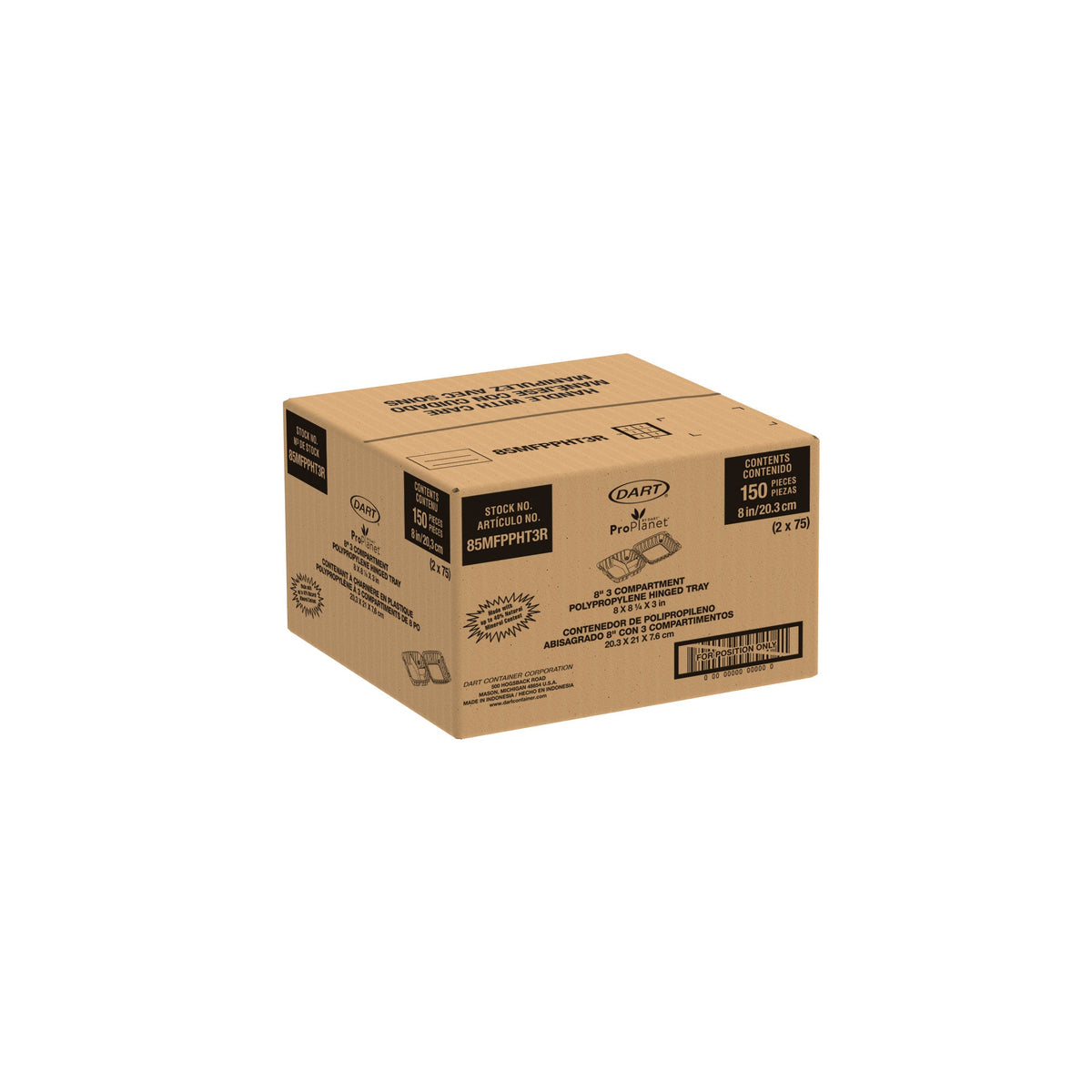 Dart 85MFPPHT3R shipping case containing 150 white 3-compartment hinged containers