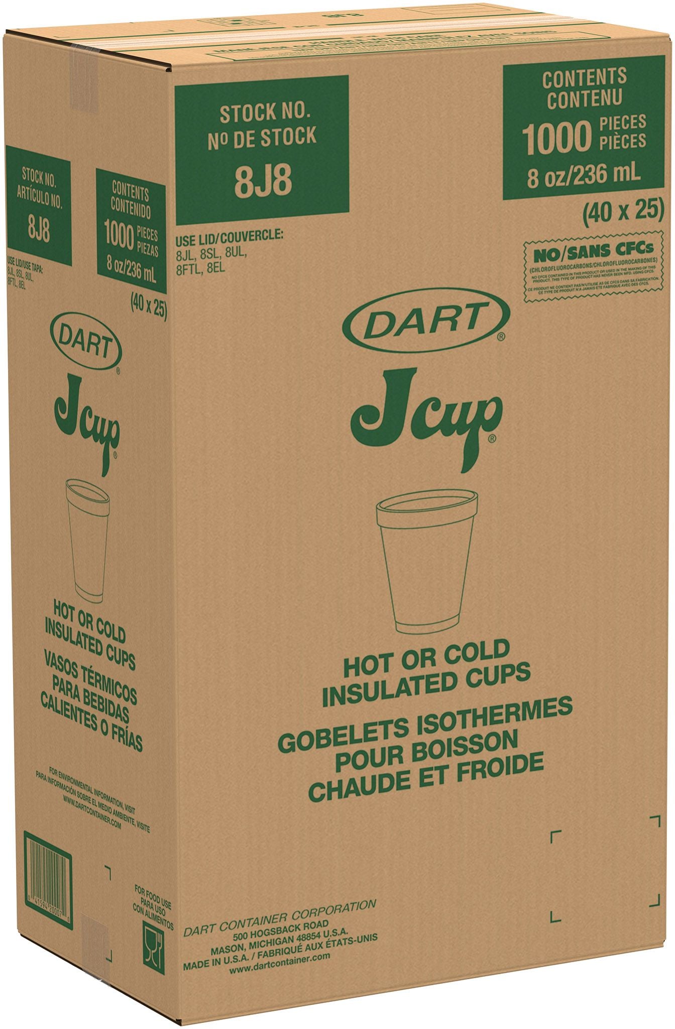 Dart 8J8 - 8oz EPS Foam Cup, White - Case of 1000