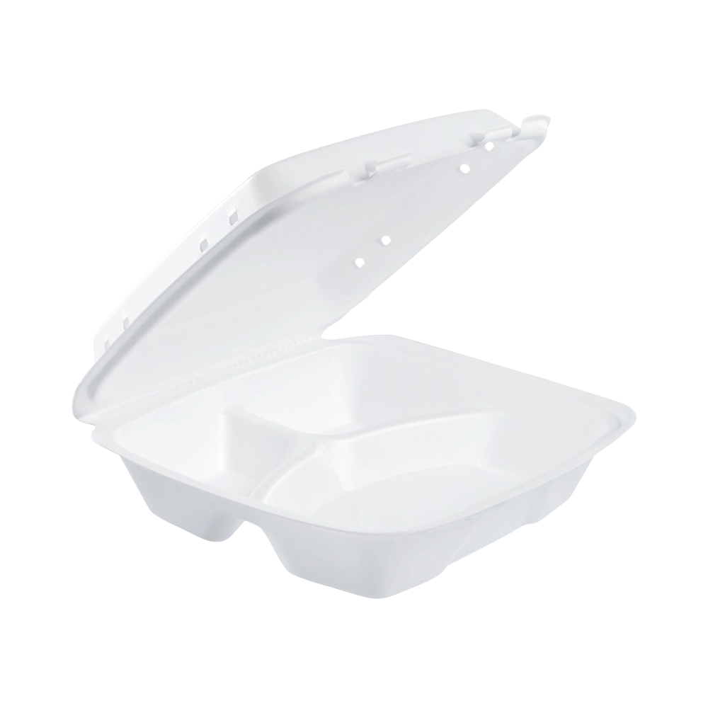 Dart 90HTPF3VR - 9 in XPS Foam 3-Compartment Container with Vented Removable Lid, White - Case of 200