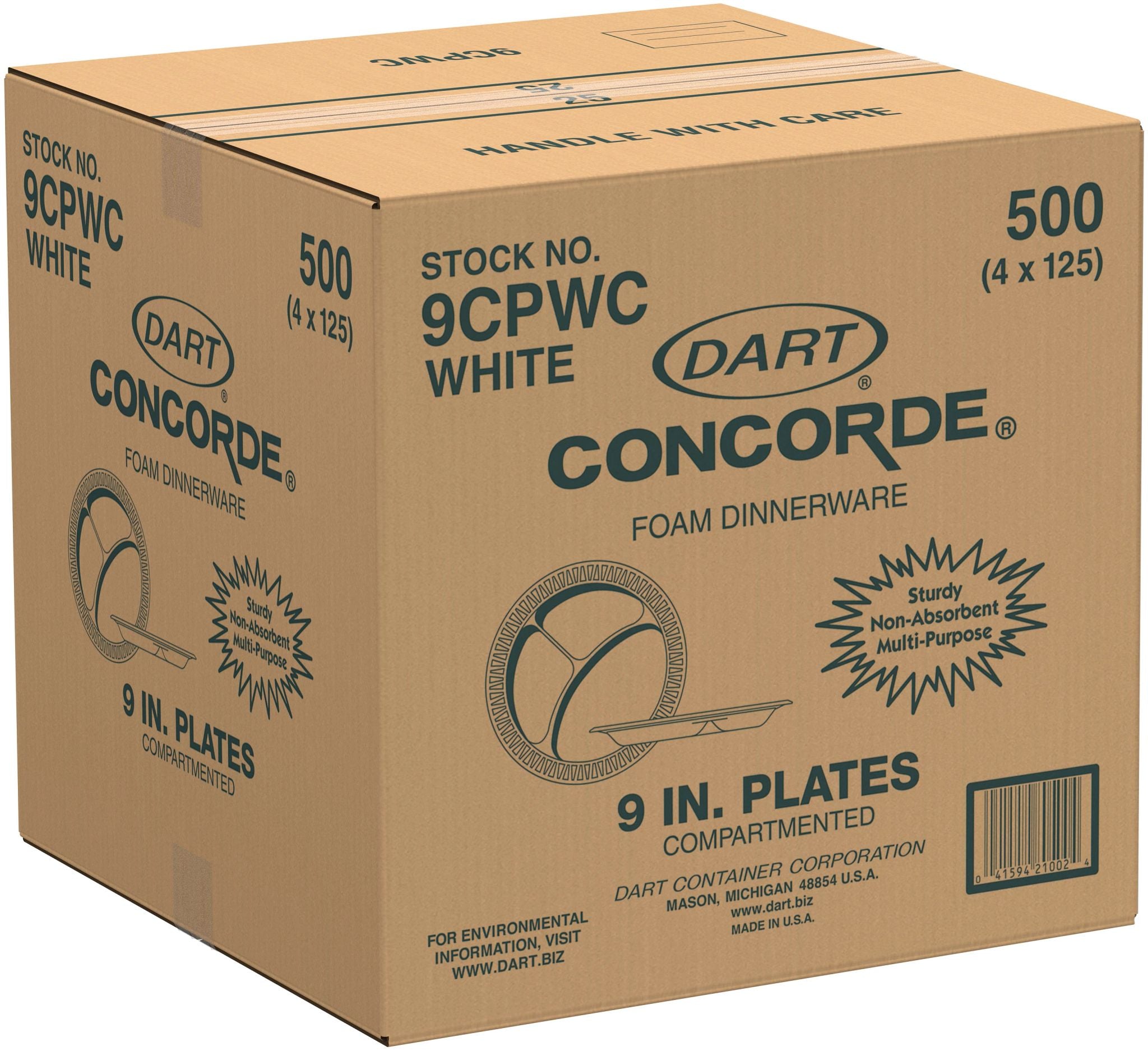 Dart 9CPWC - 9" XPS Foam 3-Compartment Plate, White - Case of 500