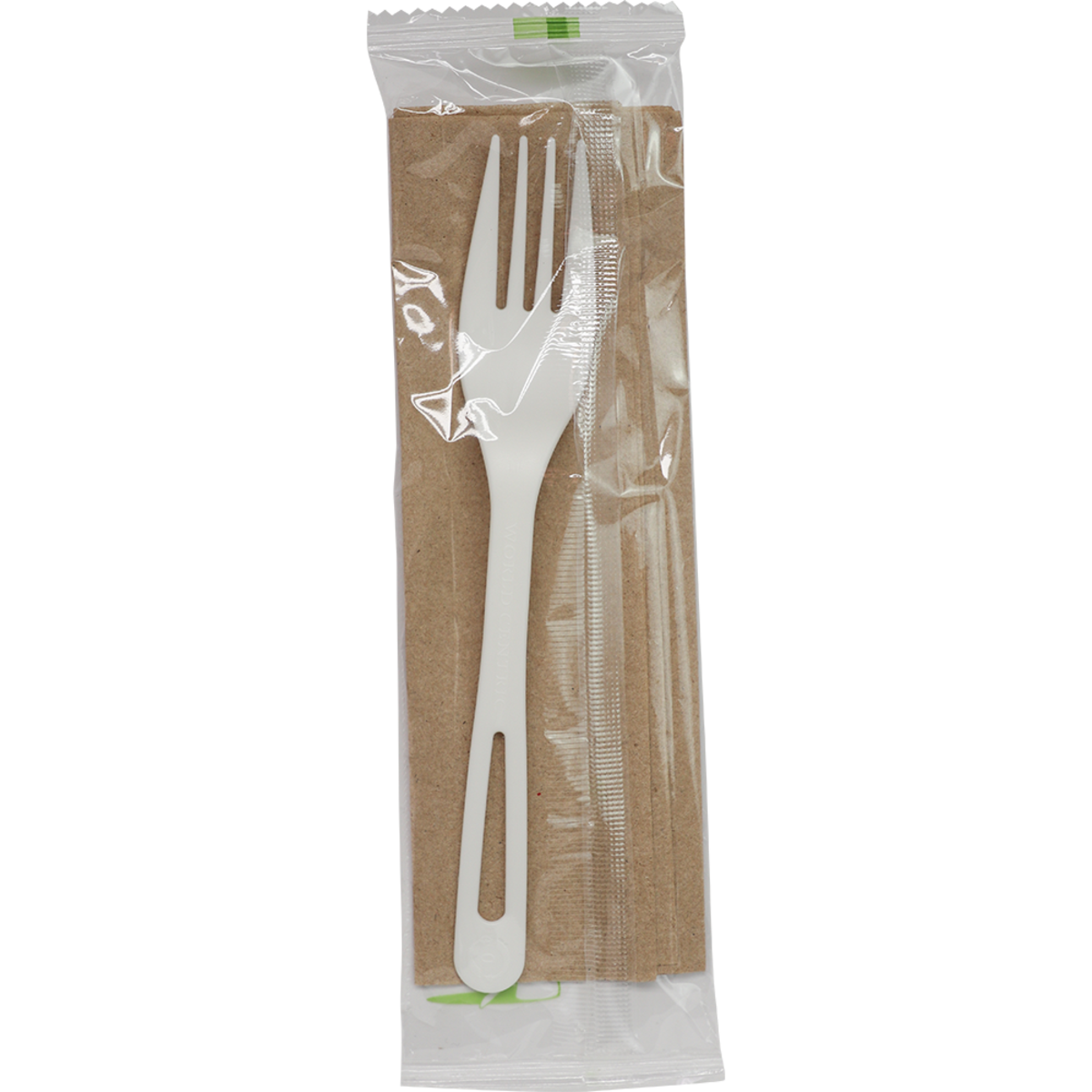 White fork and folded brown napkin inside a clear individual wrapper