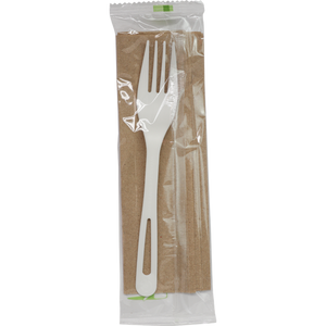 White fork and folded brown napkin inside a clear individual wrapper