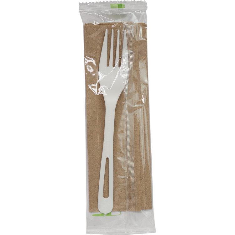 White fork and folded brown napkin inside a clear individual wrapper