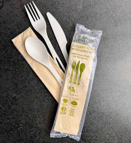 World Centric AS-PS-TN 6 inch TPLA knife fork spoon napkin set