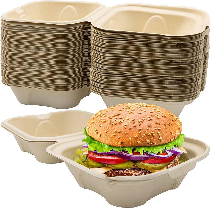 Bagasse Hinged Hamburger Container, 6" x 6" x 3" - Case of 400