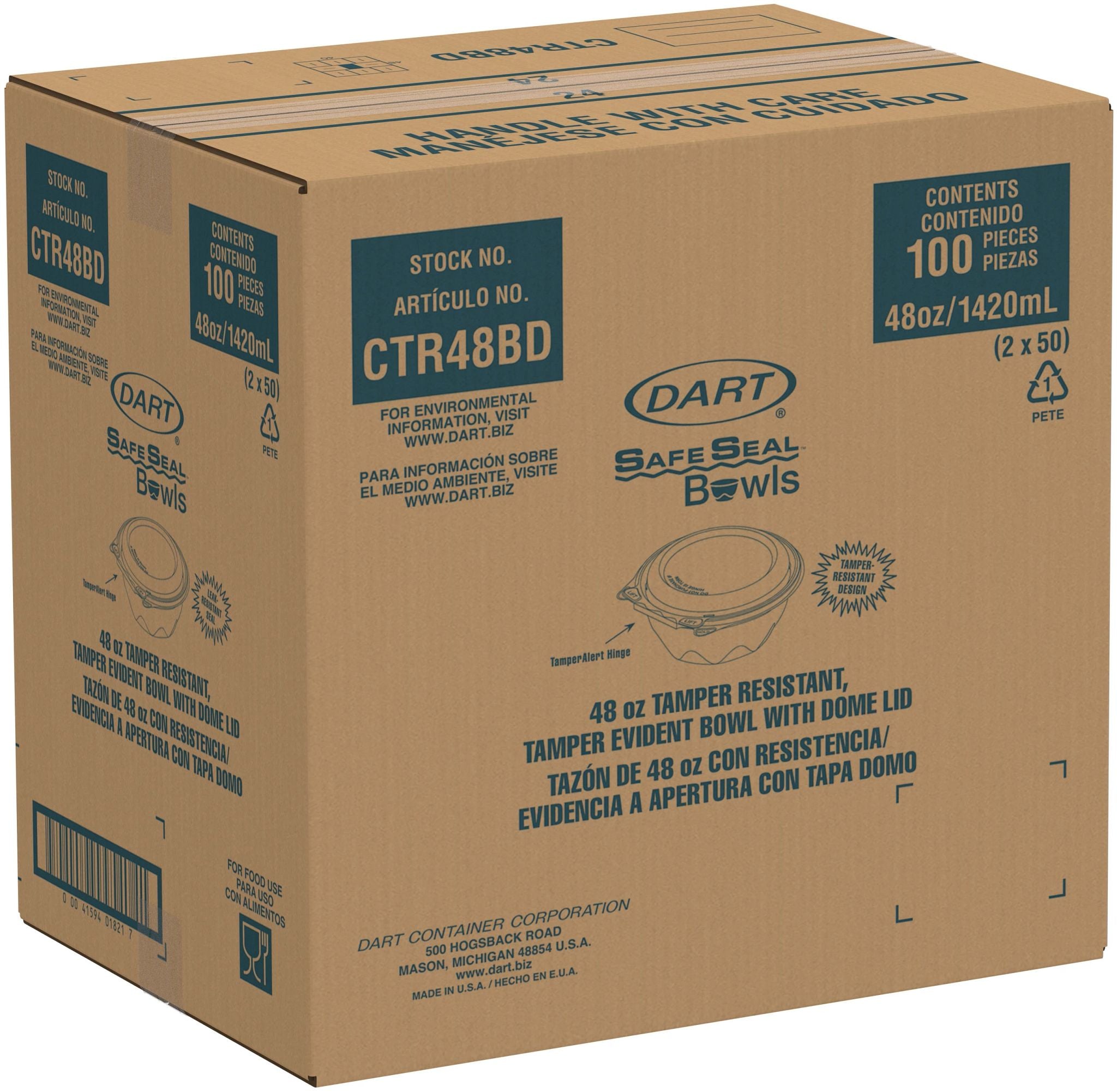 Dart CTR48BD - 48oz PET Tamper-Evident/Resistant Bowl w/ Dome Lid, Clear - Case of 100