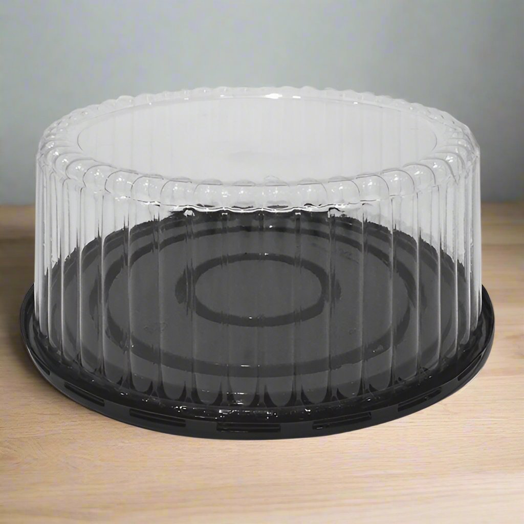 Cake Container, 8" Black Round Base w/ 3.4"H Clear Fluted Dome Lid - Case of 100