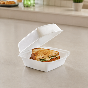 Dart 60HT1 white foam sandwich container holding a toasted sandwich on a restaurant counter