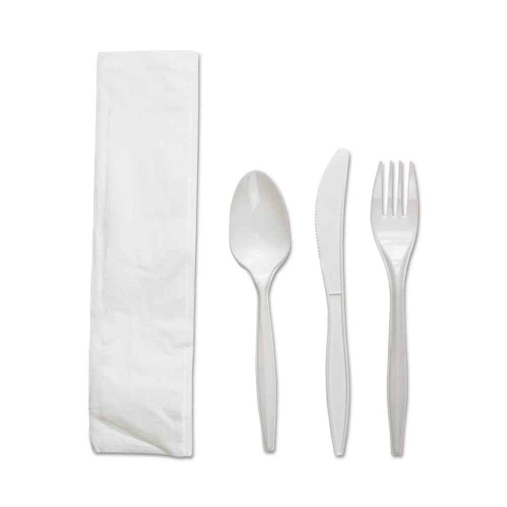 Wrapped Cutlery Kit, Fork/T-Spoon/Knife & 1Ply Napkin, White - Case of 500