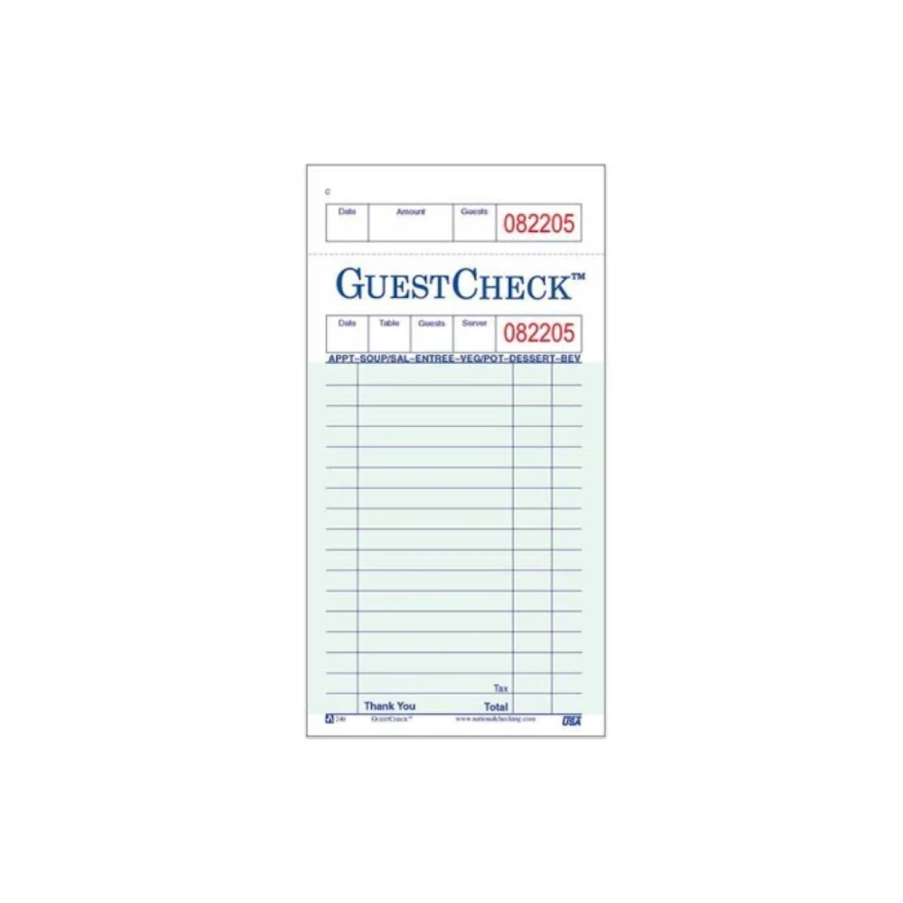 1 Part Green and White Guest Check, 100 Sheets - Case of 50