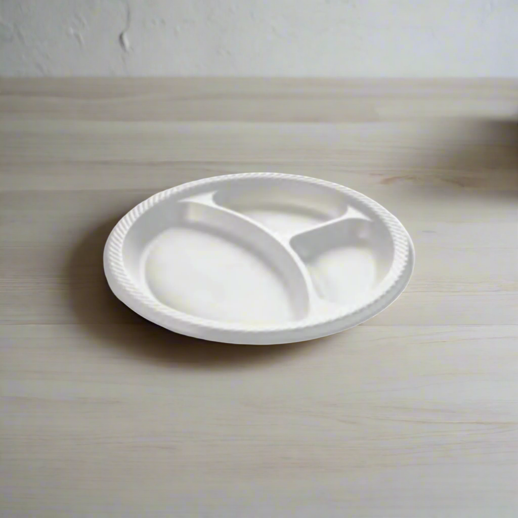 Hyplast - 10" 3-Compartment Plastic Mineral Plate, White - Case of 300