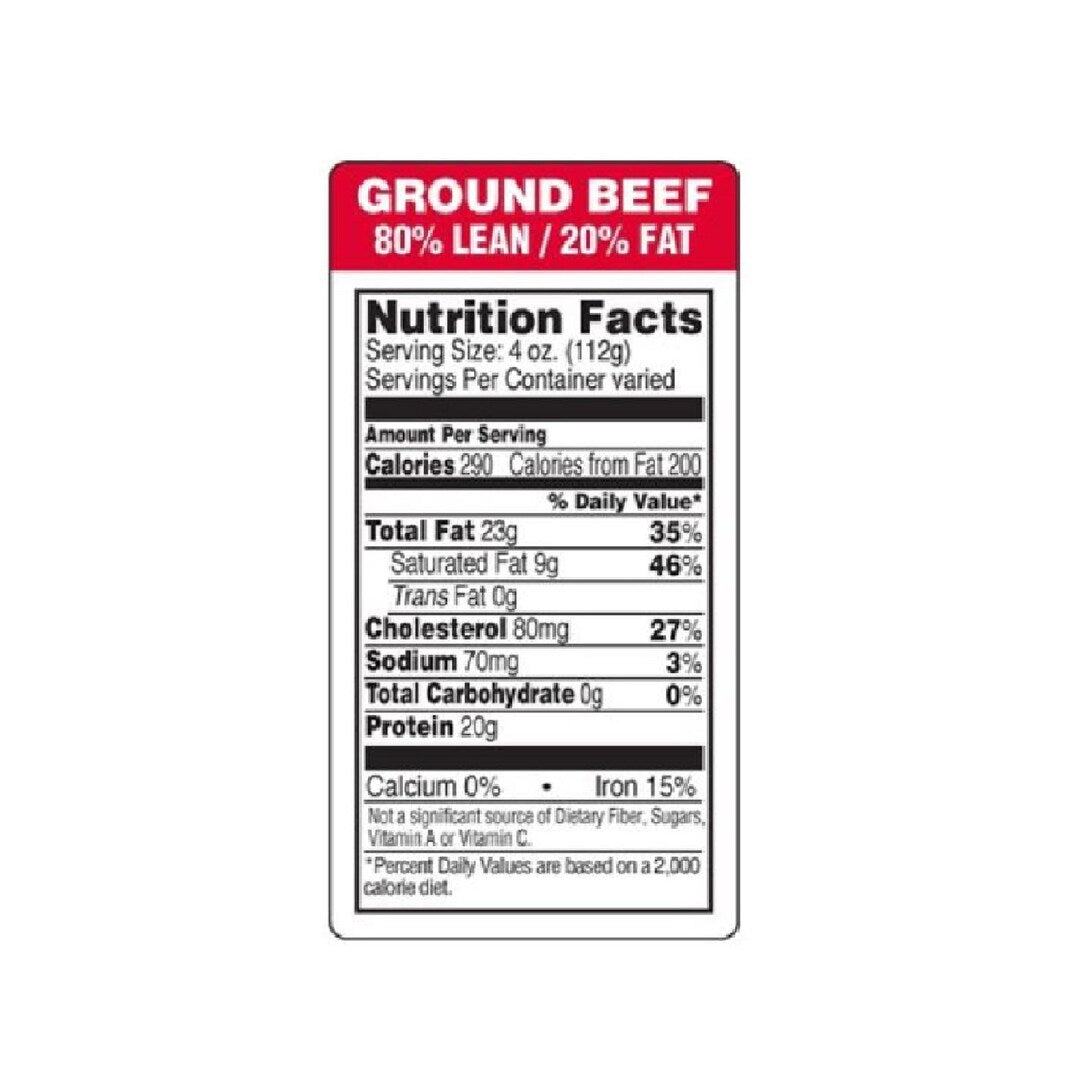 Beef Menu Label Ground Beef Label, 80%/20% w/ Nutrition Facts, Red/Black, 1.5