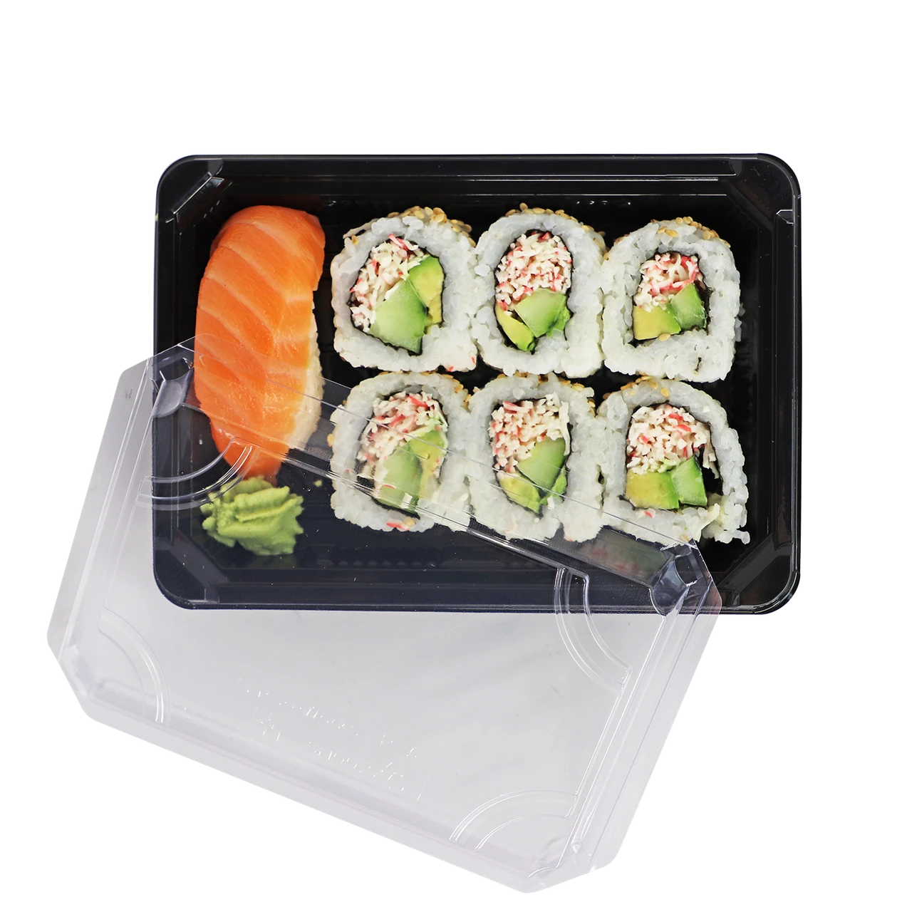 World Centric SU-CS-75 7 x 5-inch black sushi tray set with clear PLA lid