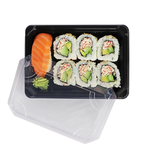 World Centric SU-CS-75 7 x 5-inch black sushi tray set with clear PLA lid
