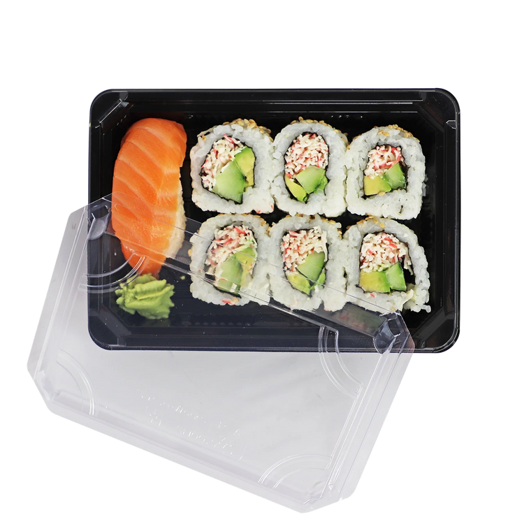 World Centric SU-CS-75 7 x 5-inch black sushi tray set with clear PLA lid