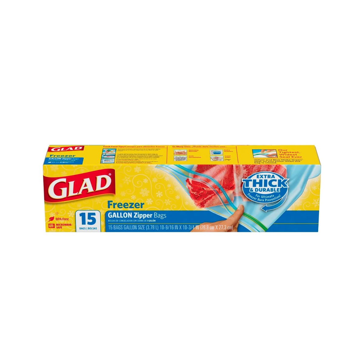 Glad - Zipper Freezer Bags, Gallon Size, 15 Count - Case of 12