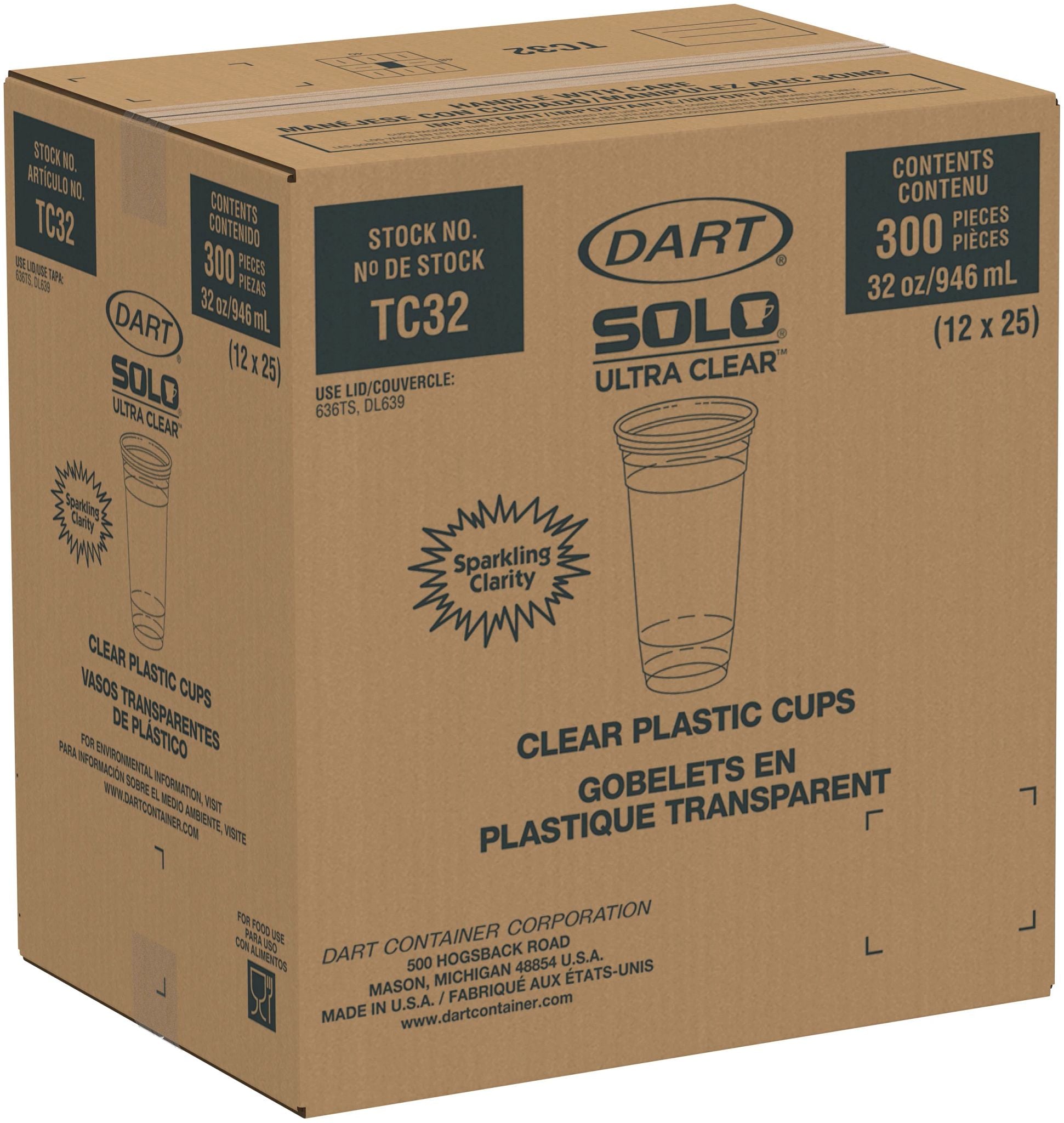 Dart TC32 - 32 oz Straight Wall PET Plastic Cup, Clear - Case of 300