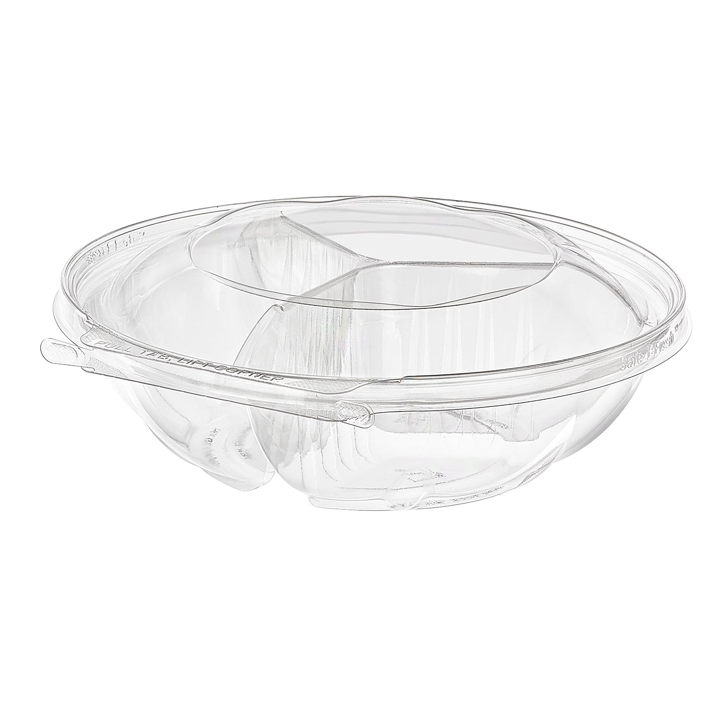 52 oz. round 3-compartment tamper-evident PET deli clamshell container, Inline Plastics TS52R3N