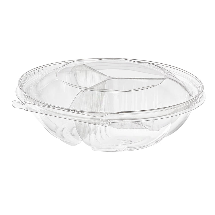 52 oz. round 3-compartment tamper-evident PET deli clamshell container, Inline Plastics TS52R3N