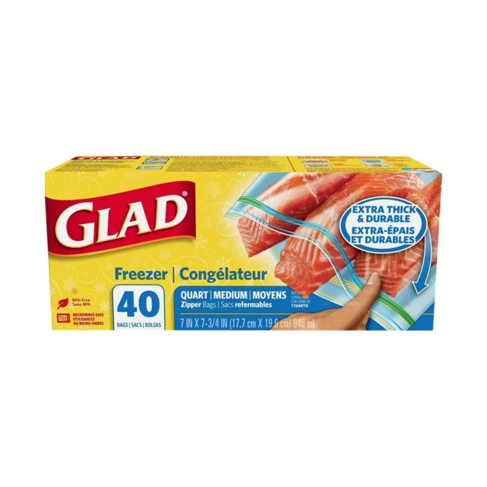 Glad - Zipper Freezer Bags, Quart Size, 40 Count - Case of 9