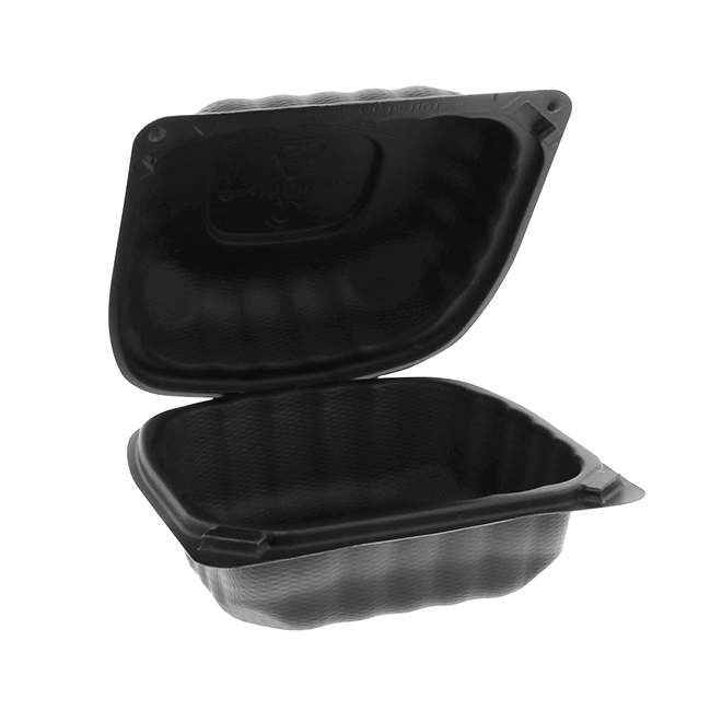 Pactiv YCNB06000000 6x6x3in black MFPP hinged lid container