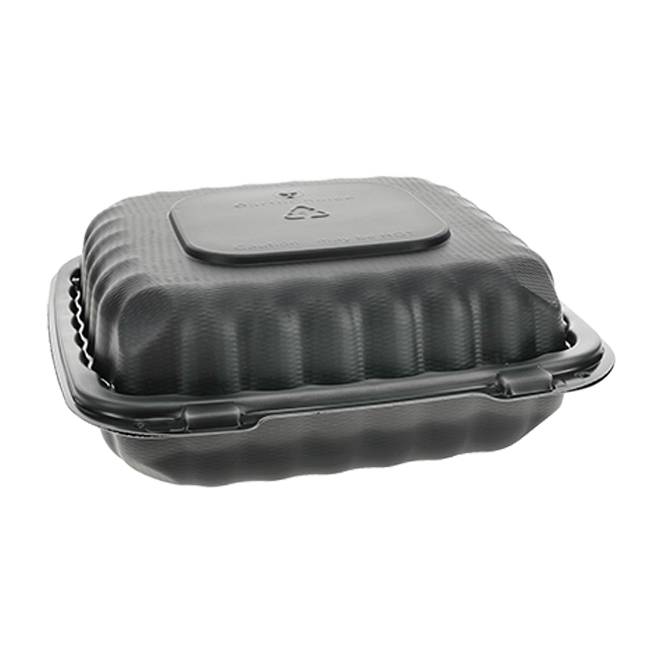 Pactiv YCNB08010000 8.35x8.35x3.1in black MFPP hinged lid container, 1-compartment