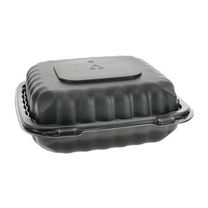 Pactiv YCNB08010000 8.35x8.35x3.1in black MFPP hinged lid container, 1-compartment