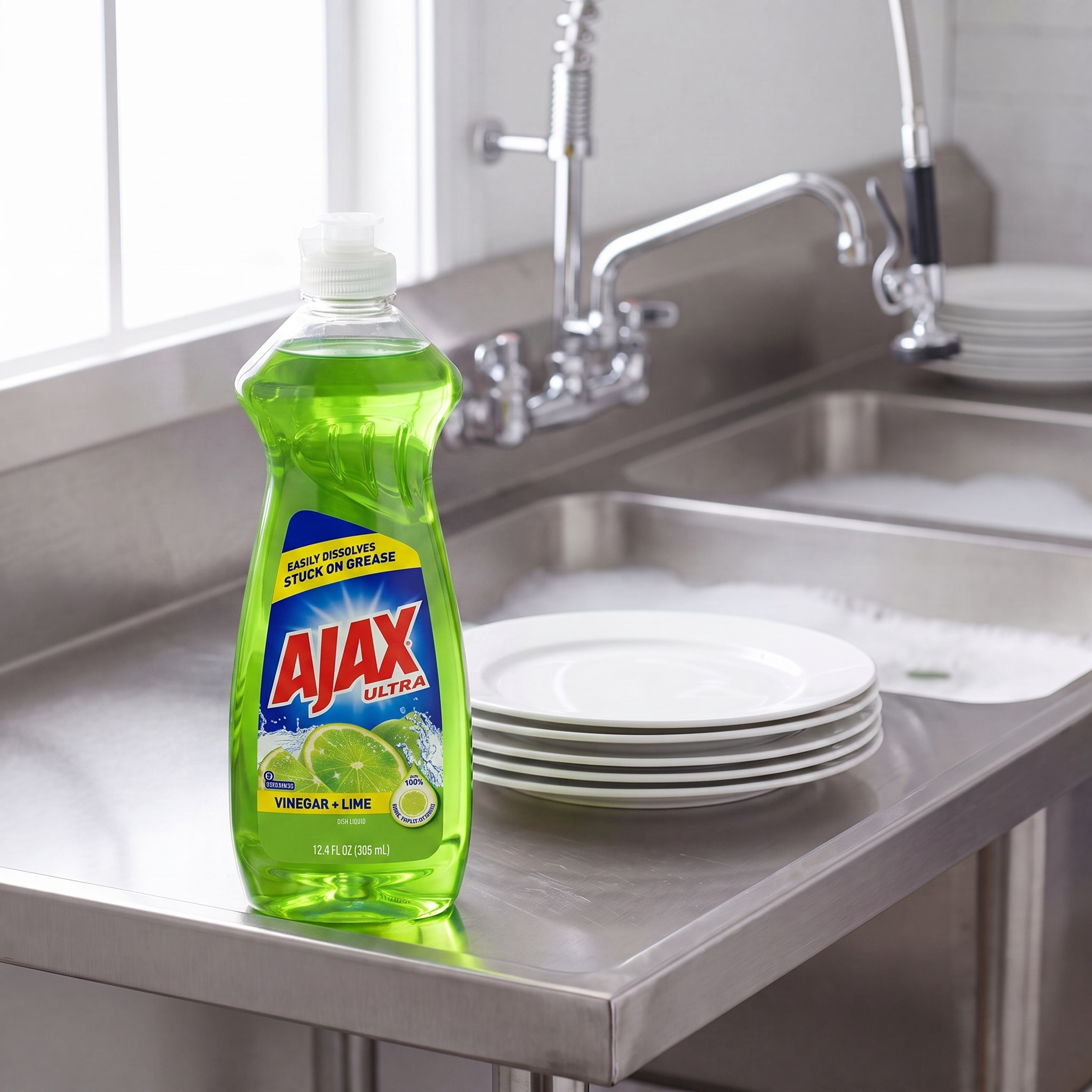 Ajax Lime and Vinegar dish liquid 12.4 oz. bottle on the drainboard of a stainless steel commercial kitchen sink