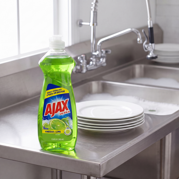 Ajax Lime and Vinegar dish liquid 12.4 oz. bottle on the drainboard of a stainless steel commercial kitchen sink