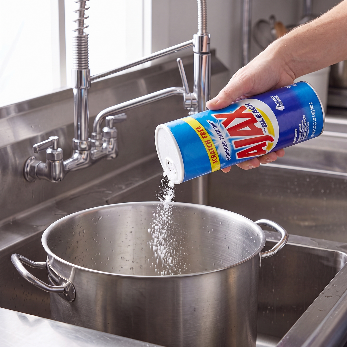 Ajax Powder Cleanser being shaken from the 21 oz. canister onto a stainless steel pan in a commercial sink