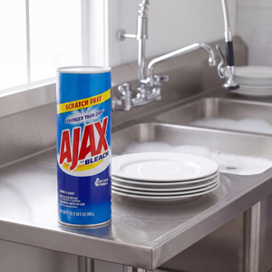 Ajax Powder Cleanser with Bleach 21 oz. canister on the drainboard of a stainless steel commercial kitchen sink