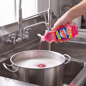 Ajax Ruby Red Grapefruit dish liquid being poured from the 12.4 oz. bottle into a stainless steel stock pot in a commercial sink