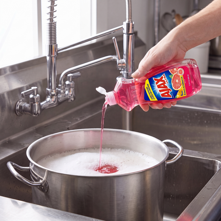 Ajax Ruby Red Grapefruit dish liquid being poured from the 12.4 oz. bottle into a stainless steel stock pot in a commercial sink