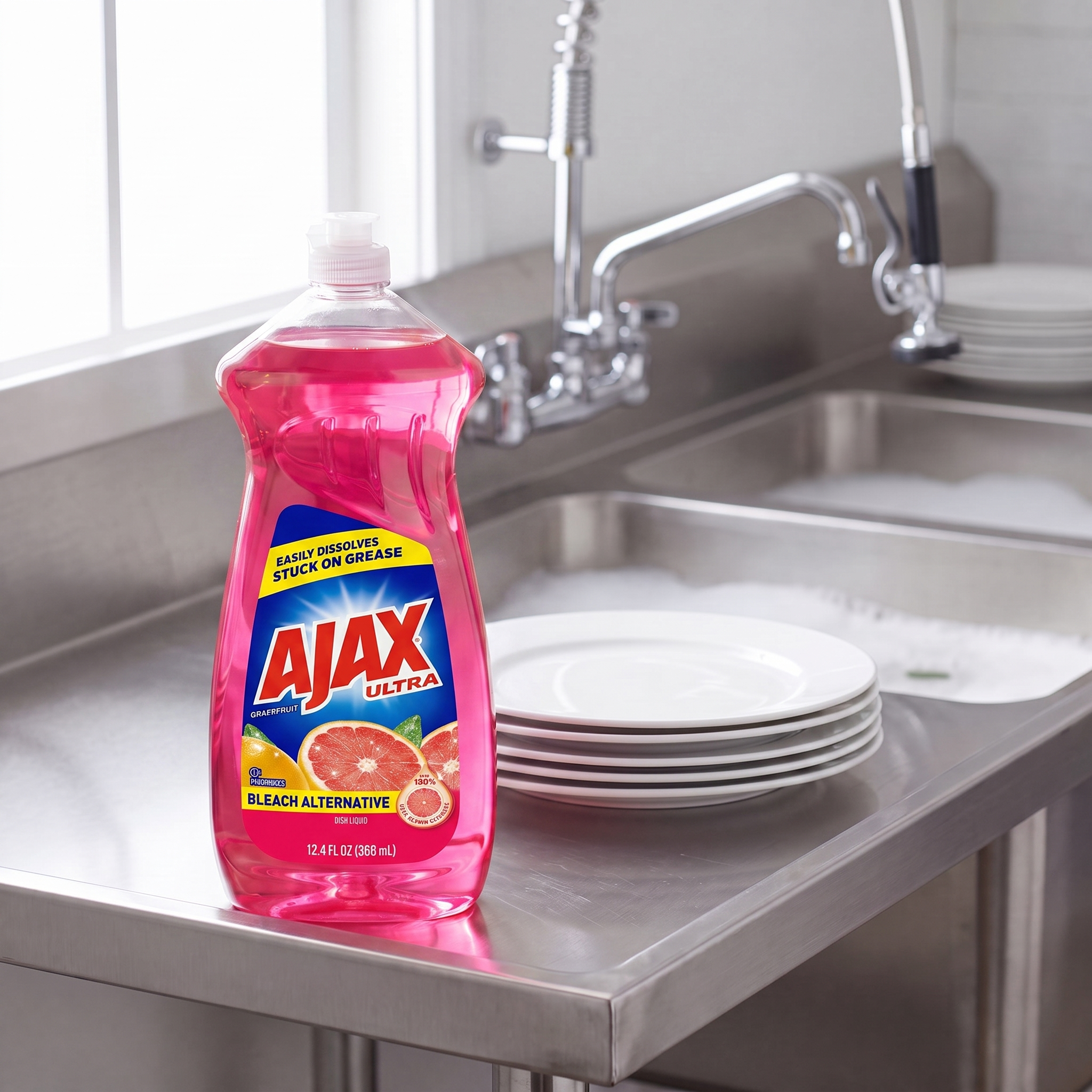 Ajax Ruby Red Grapefruit dish liquid 12.4 oz. bottle on the drainboard of a stainless steel commercial kitchen sink