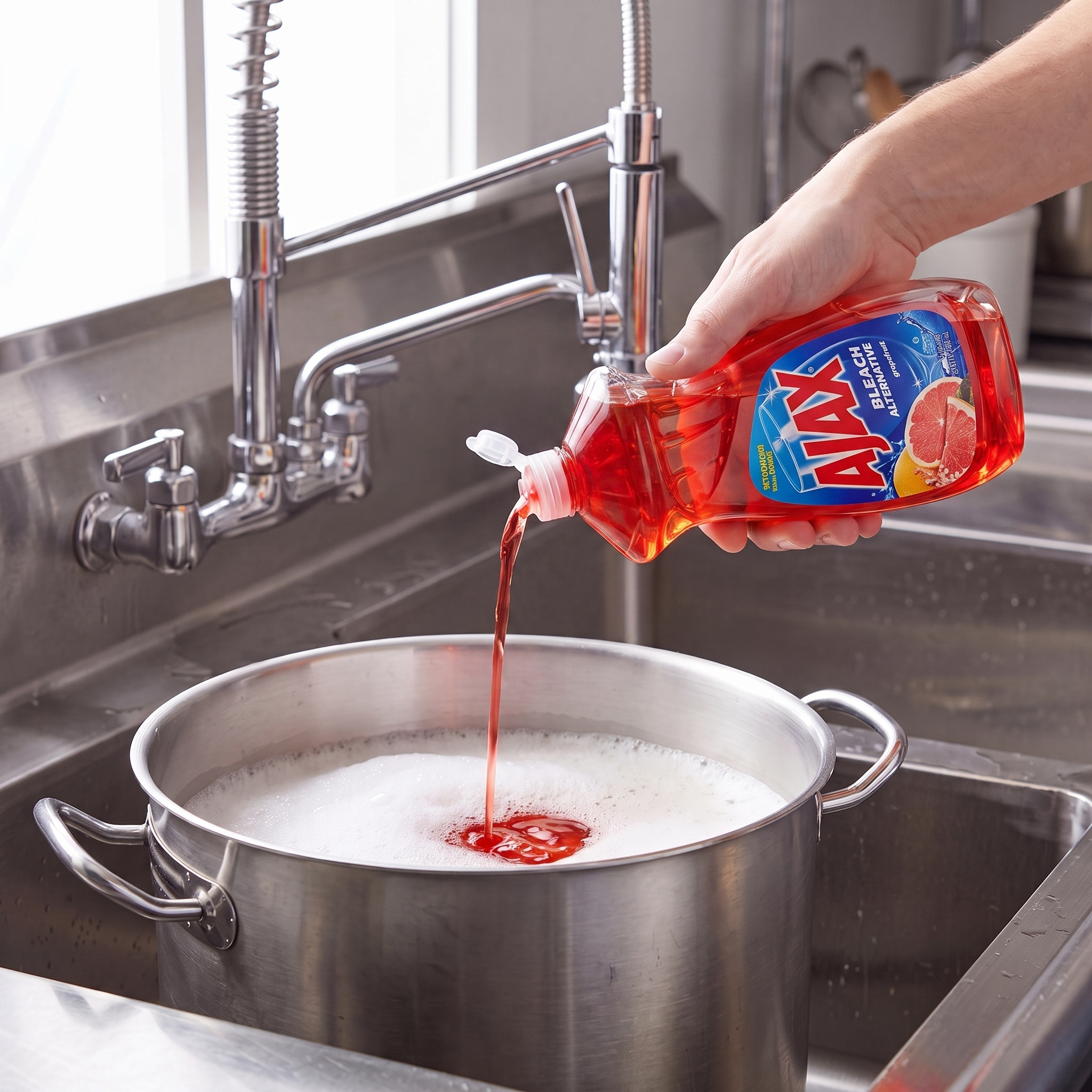 Ajax Ruby Red Grapefruit dish liquid being poured from the 28 oz. bottle into a stainless steel stock pot in a commercial sink