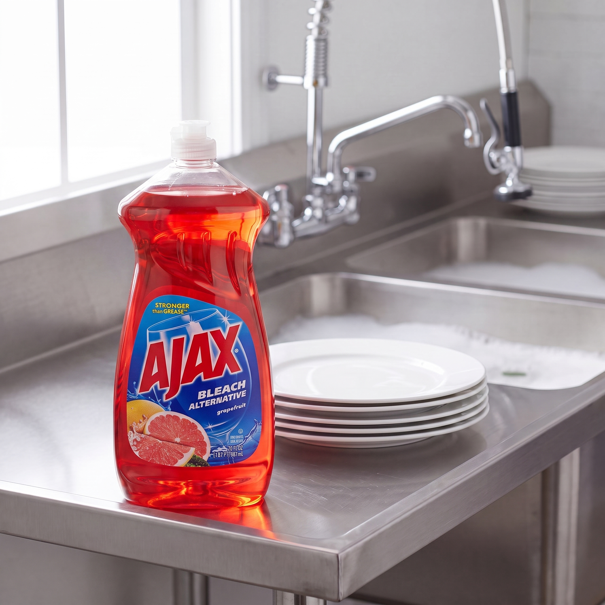 Ajax Ruby Red Grapefruit dish liquid 28 oz. bottle on the drainboard of a stainless steel commercial kitchen sink