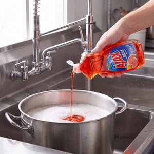 Ajax Ruby Red Grapefruit dish liquid being poured from the 52 oz. bottle into a stainless steel stock pot in a commercial sink