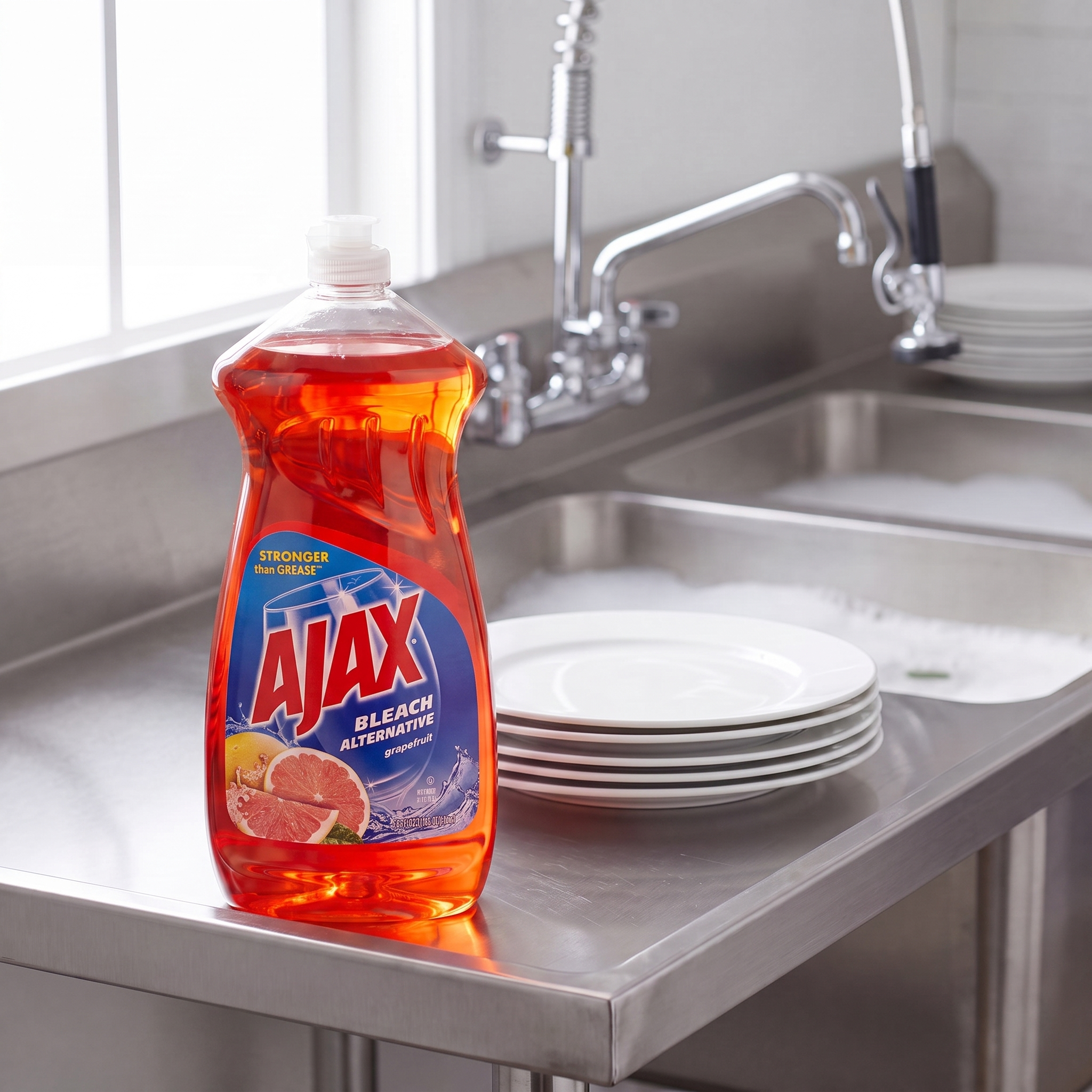 Ajax Ruby Red Grapefruit dish liquid 52 oz. bottle on the drainboard of a stainless steel commercial kitchen sink