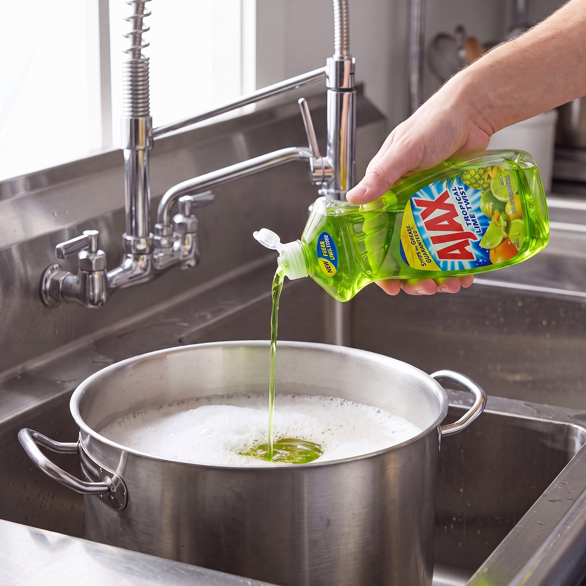 Ajax Tropical Lime Twist dish liquid being poured from the 28 oz. bottle into a stainless steel stock pot in a commercial sink