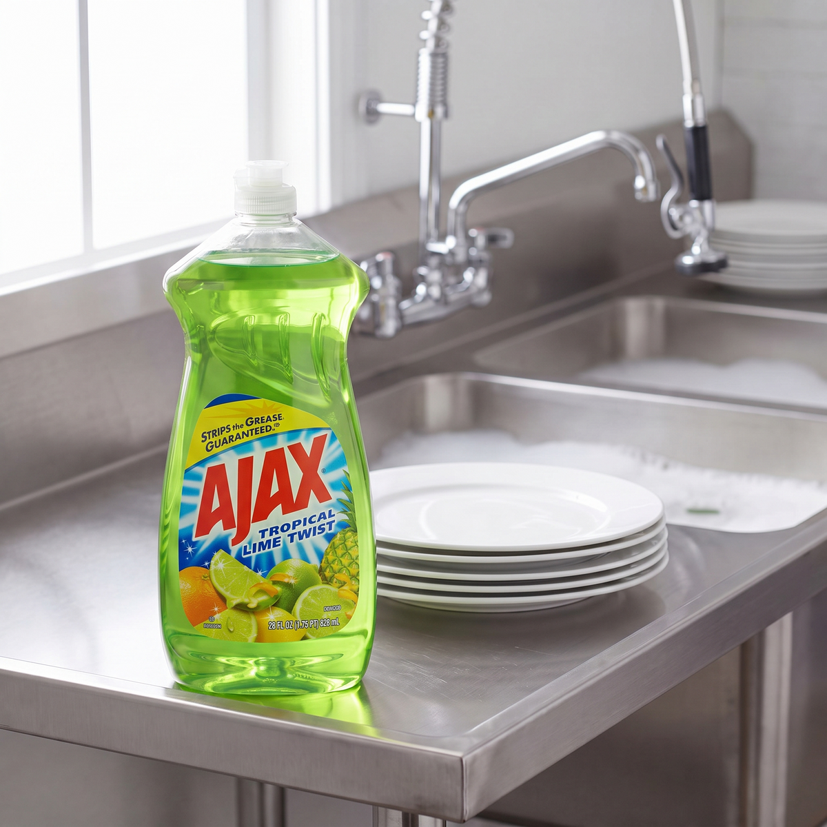 Ajax Tropical Lime Twist dish liquid 28 oz. bottle on the drainboard of a stainless steel commercial kitchen sink