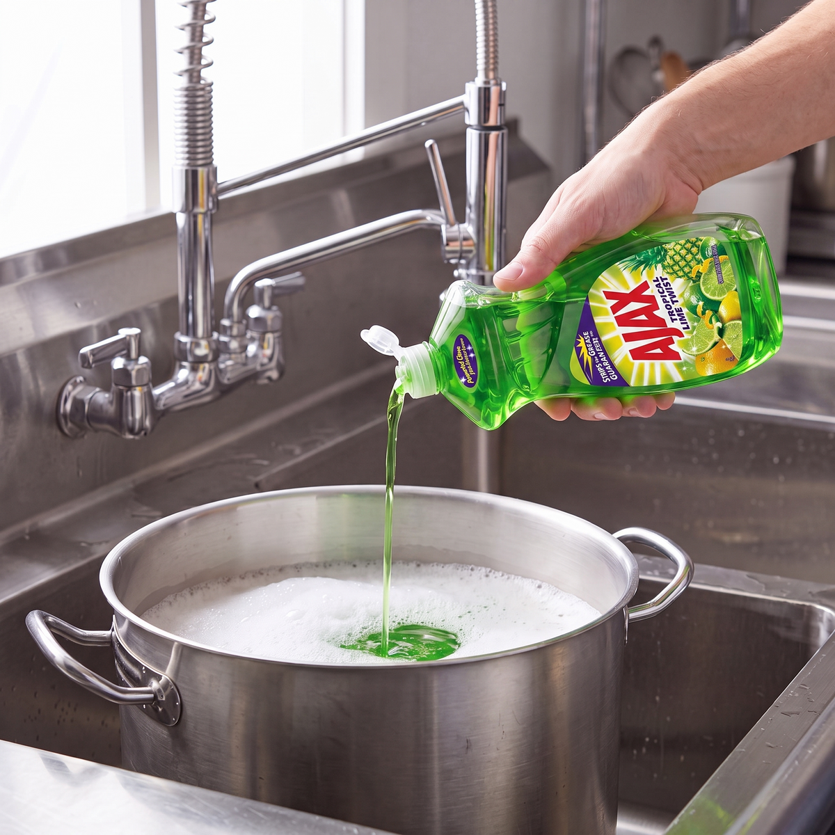 Ajax Tropical Lime Twist dish liquid being poured from the 52 oz. bottle into a stainless steel stock pot in a commercial sink