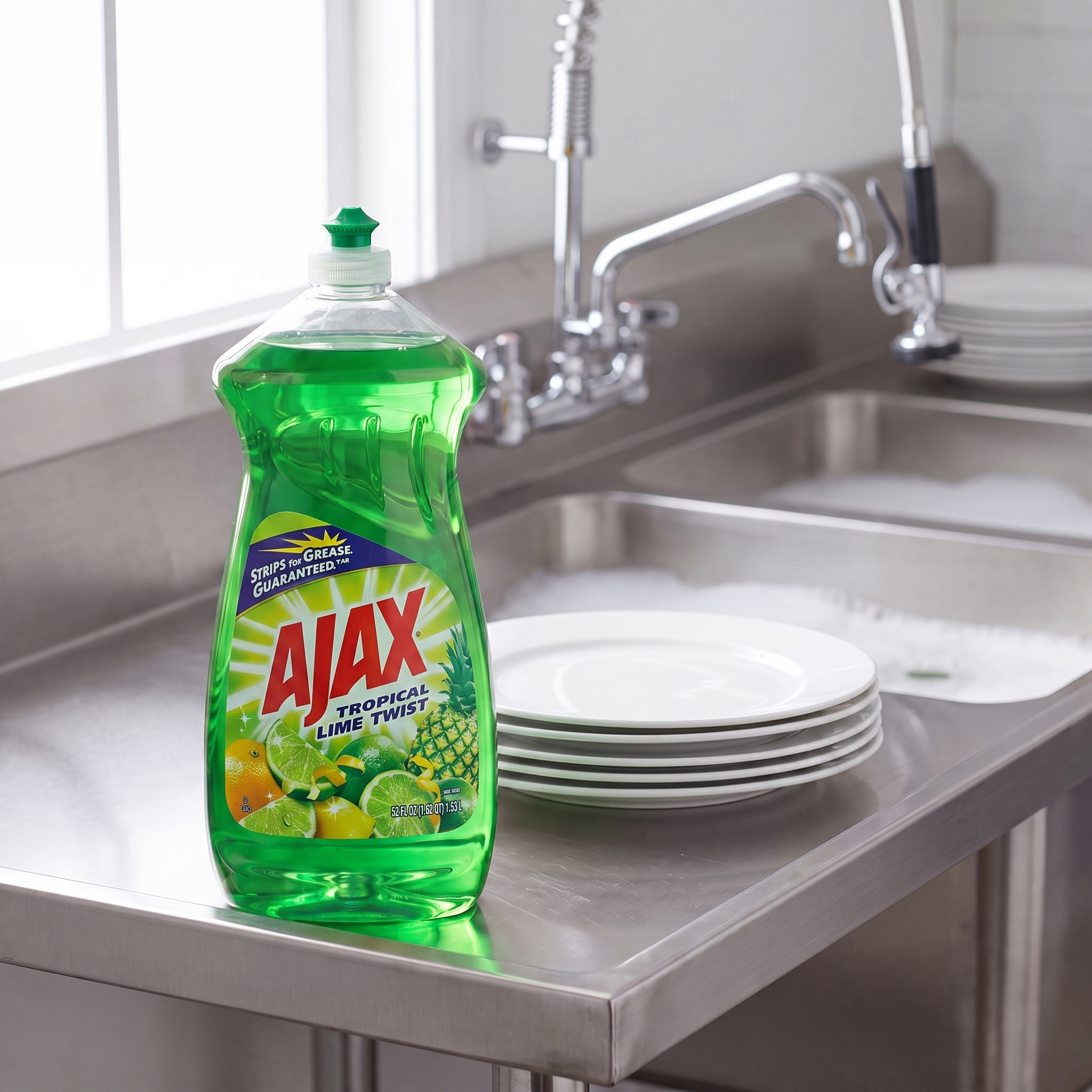 Ajax Tropical Lime Twist dish liquid 52 oz. bottle on the drainboard of a stainless steel commercial kitchen sink
