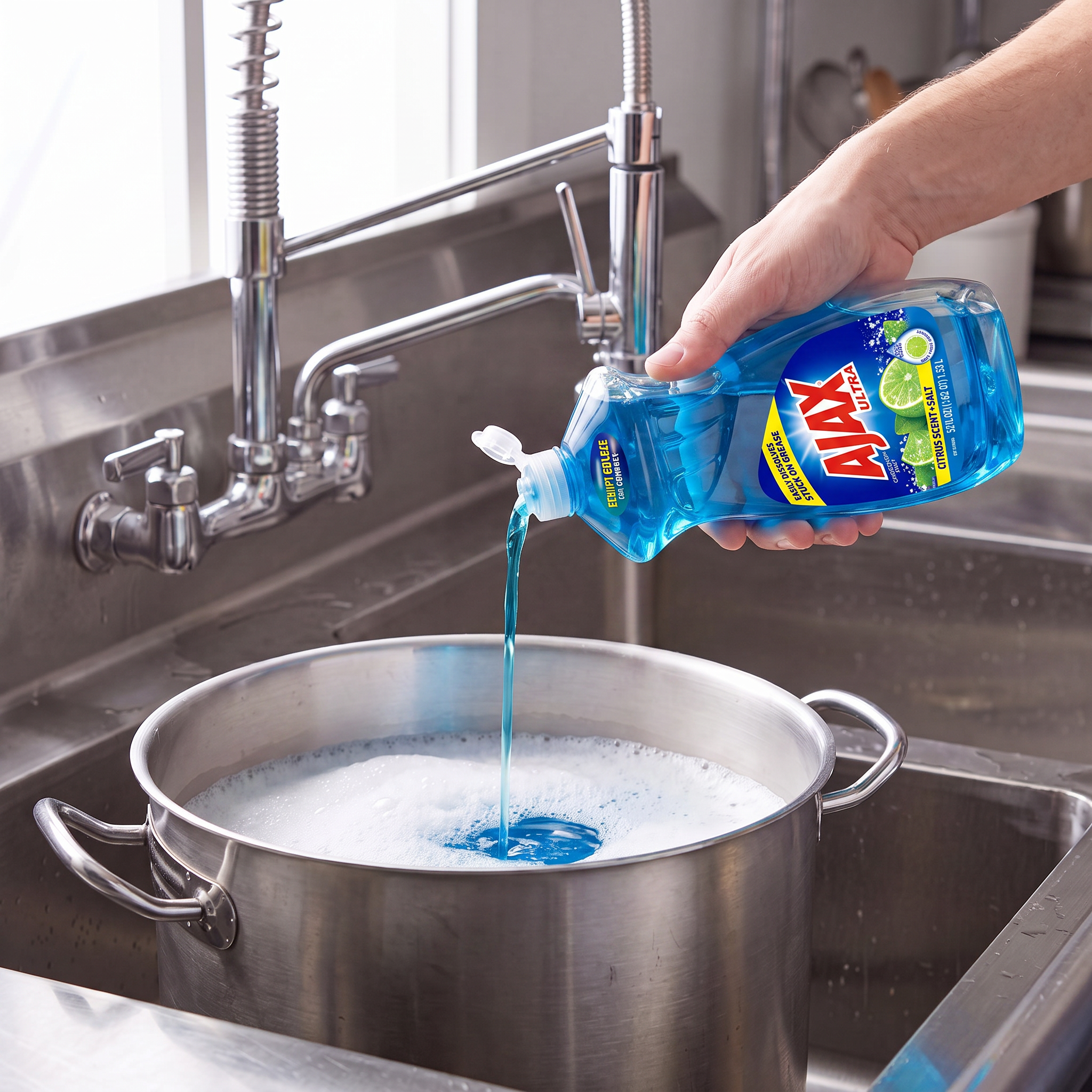 Ajax Citrus Scent and Salt dish liquid being poured from the 52 oz. bottle into a stainless steel stock pot in a commercial sink