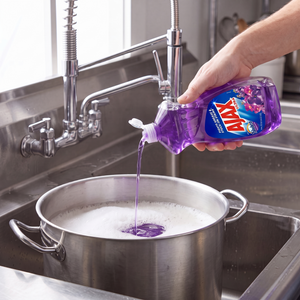 Ajax with Fabuloso Lavender dish liquid being poured from the 12.4 oz. bottle into a stainless steel stock pot in a commercial sink